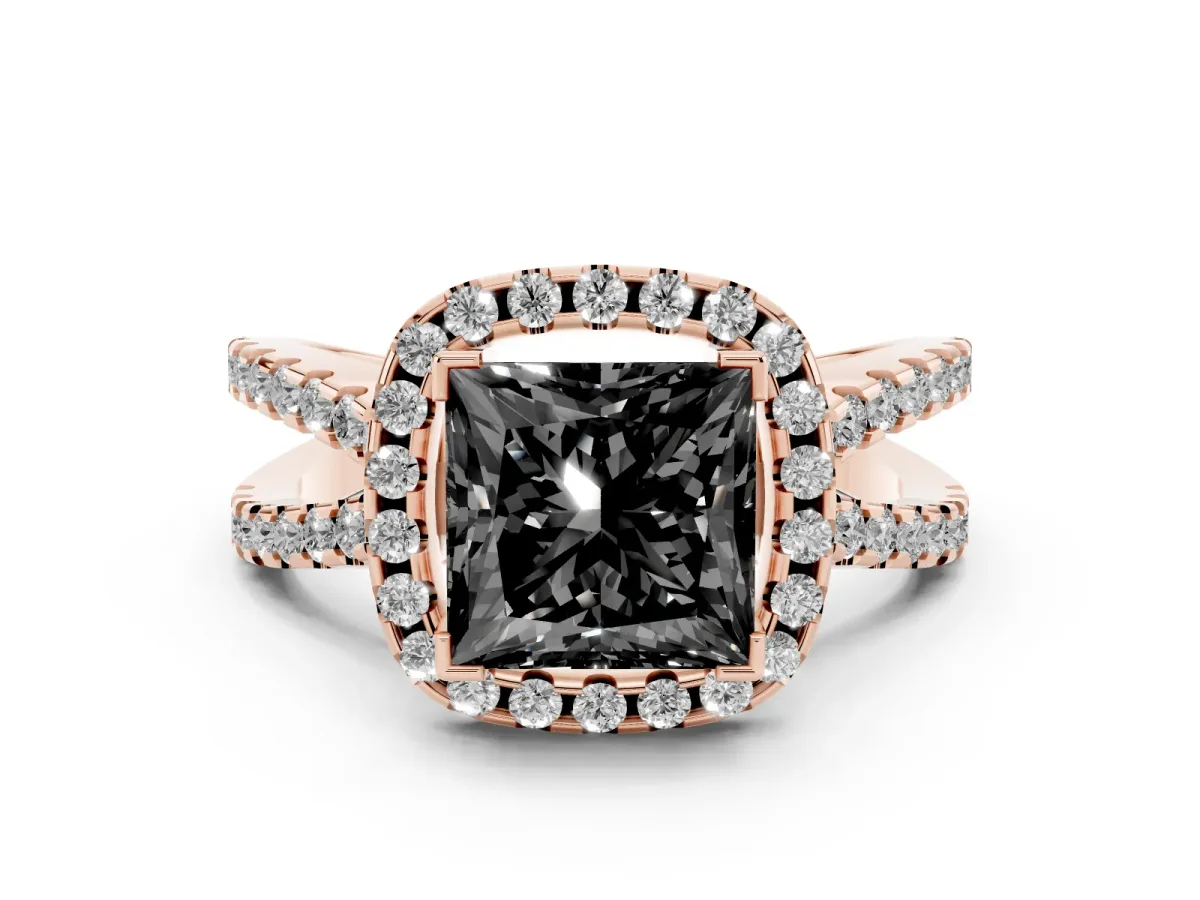 Fancy Black Princess Cut Diamond Halo Ring with Split Shank Pavé Band and Prong Setting Rose gold