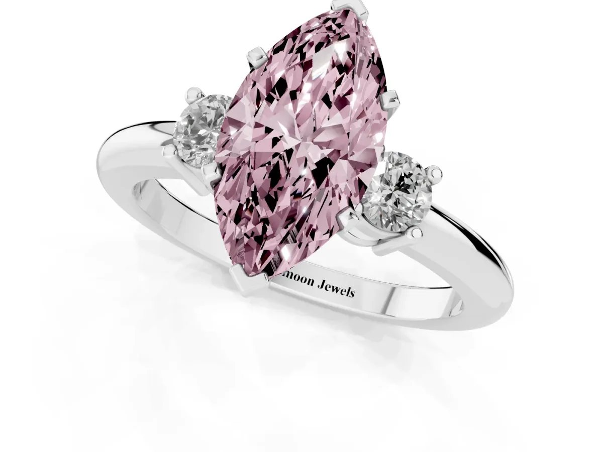 Fancy Pink Three-Stone Marquise Cut Cut Diamond Solitaire with Prong Setting and Classic Band Silver