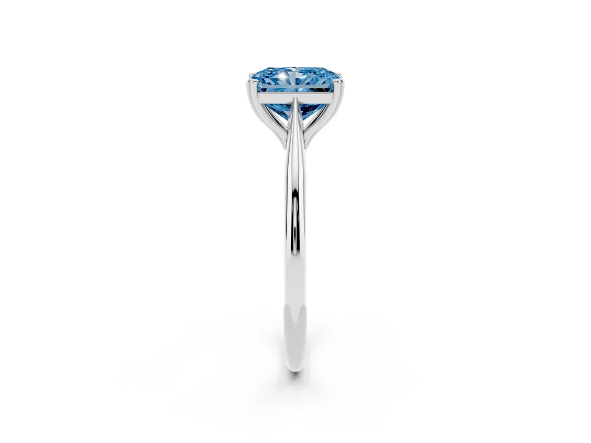 Fancy Blue Radiant Cut Solitaire Diamond Ring with Six-Prong Setting and Classic Band Silver
