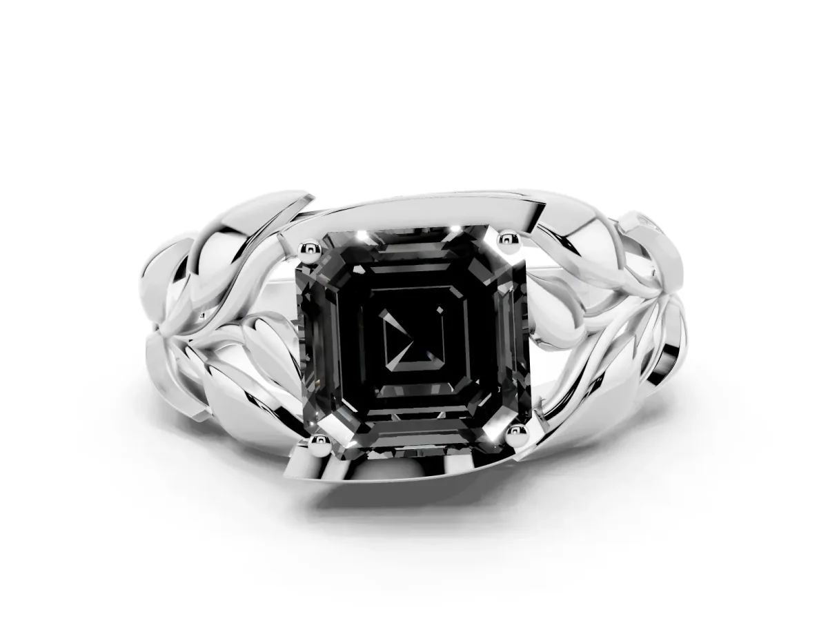Fancy Black Asscher Cut Diamond Leaf-Inspired Engagement Ring with Round Accents and Prong Setting Silver