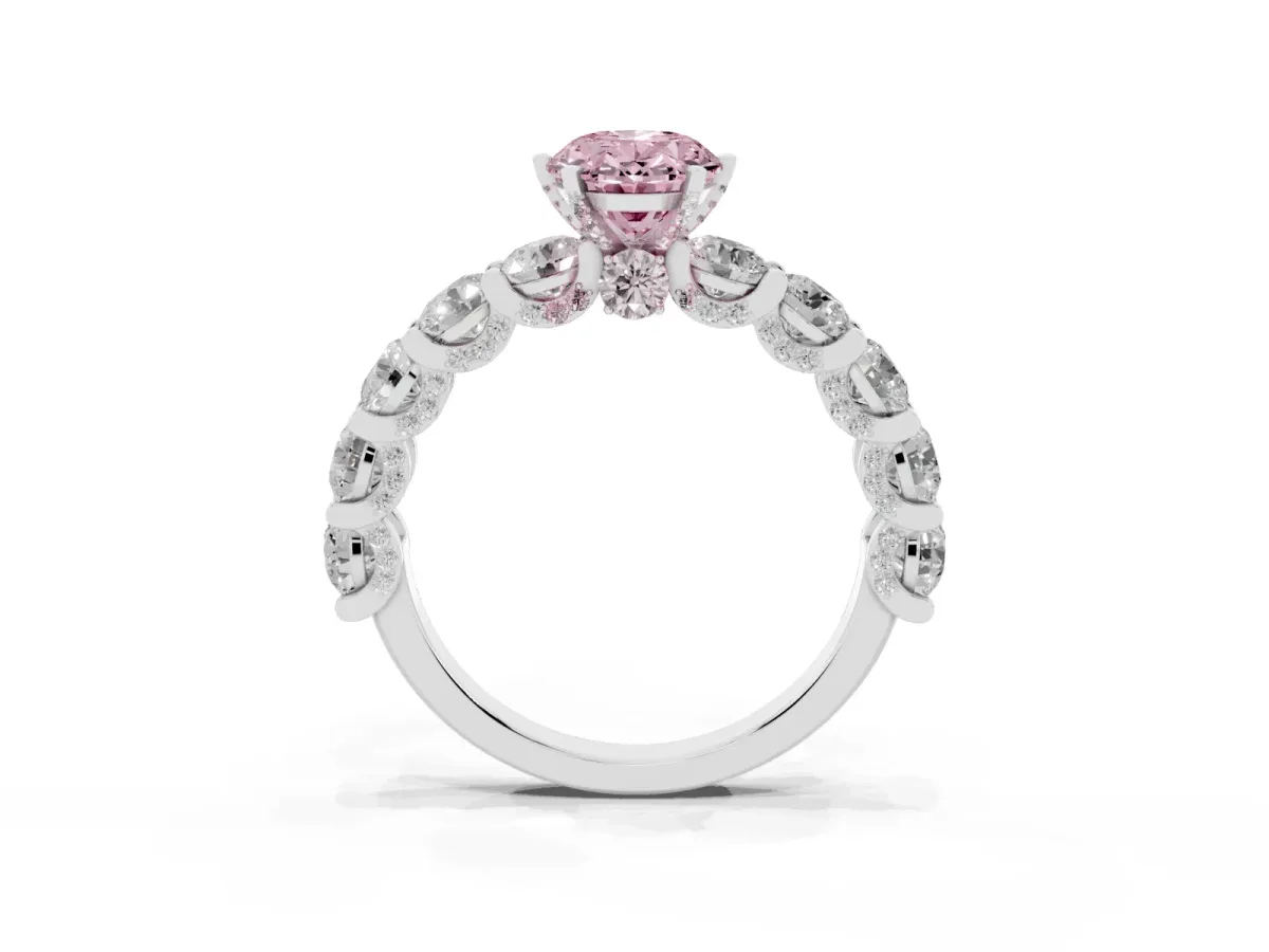 Fancy Pink Oval Cut Diamond Side Stone Engagement Ring with Four-Prong Setting Silver