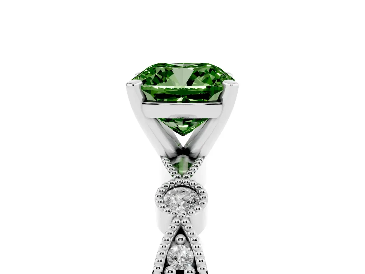 Fancy Green Cushion Cut Milgrain Bezel Diamond Engagement Ring with Solitaire Prong Setting Silver