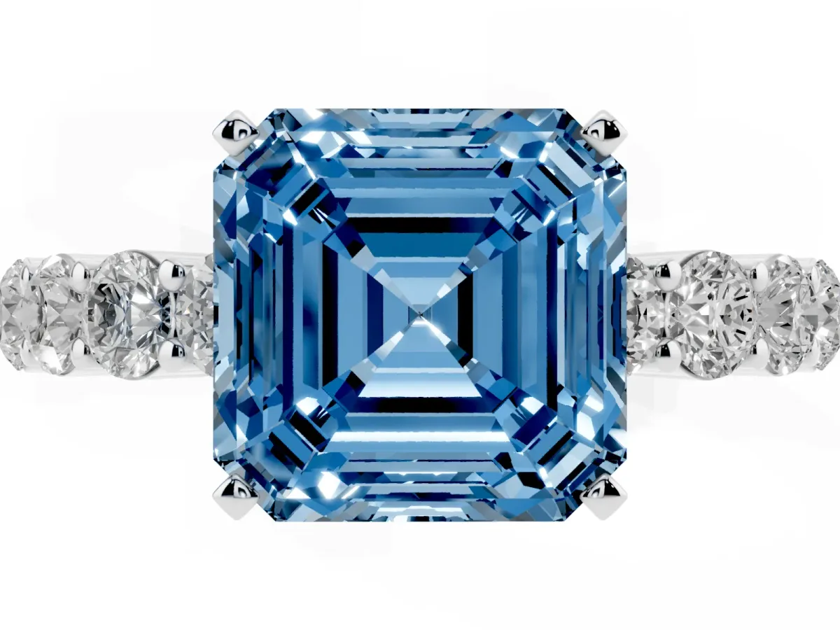 Fancy Blue Asscher Cut Diamond Solitaire Ring with Shared Prong Round Side Stones White gold