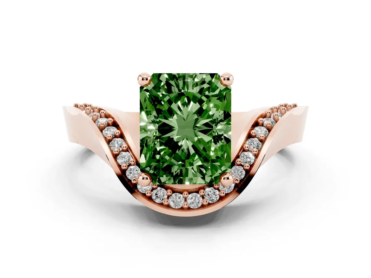 Fancy Green Radiant Cut Solitaire Diamond Engagement Ring with Pave Band and Four-Prong Setting Rose gold