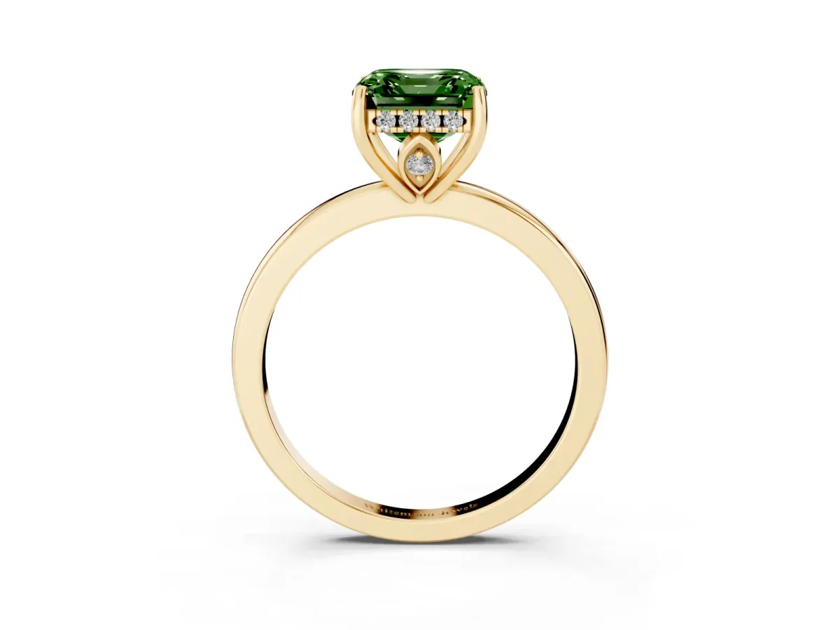 Fancy Green Asscher Cut Solitaire Diamond Ring with Prong Setting and Plain Band Yellow gold