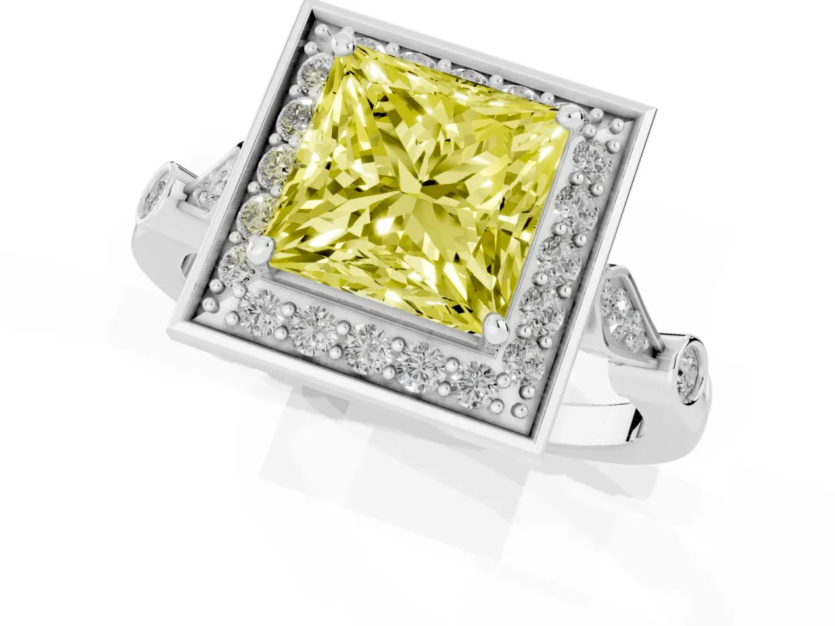 Fancy Yellow Princess Cut Halo Diamond Engagement Ring with Twisted Band and Four-Prong Setting Silver