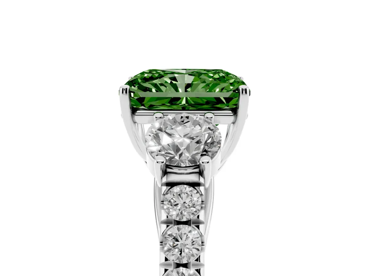 Fancy Green Radiant Cut Cut Diamond Three-Stone Ring with Round Side Stones and Pavé Band Silver