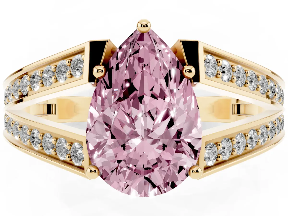 Fancy Pink Pear Cut Diamond Split Shank Ring with Pavé Band and Four-Prong Setting Yellow gold
