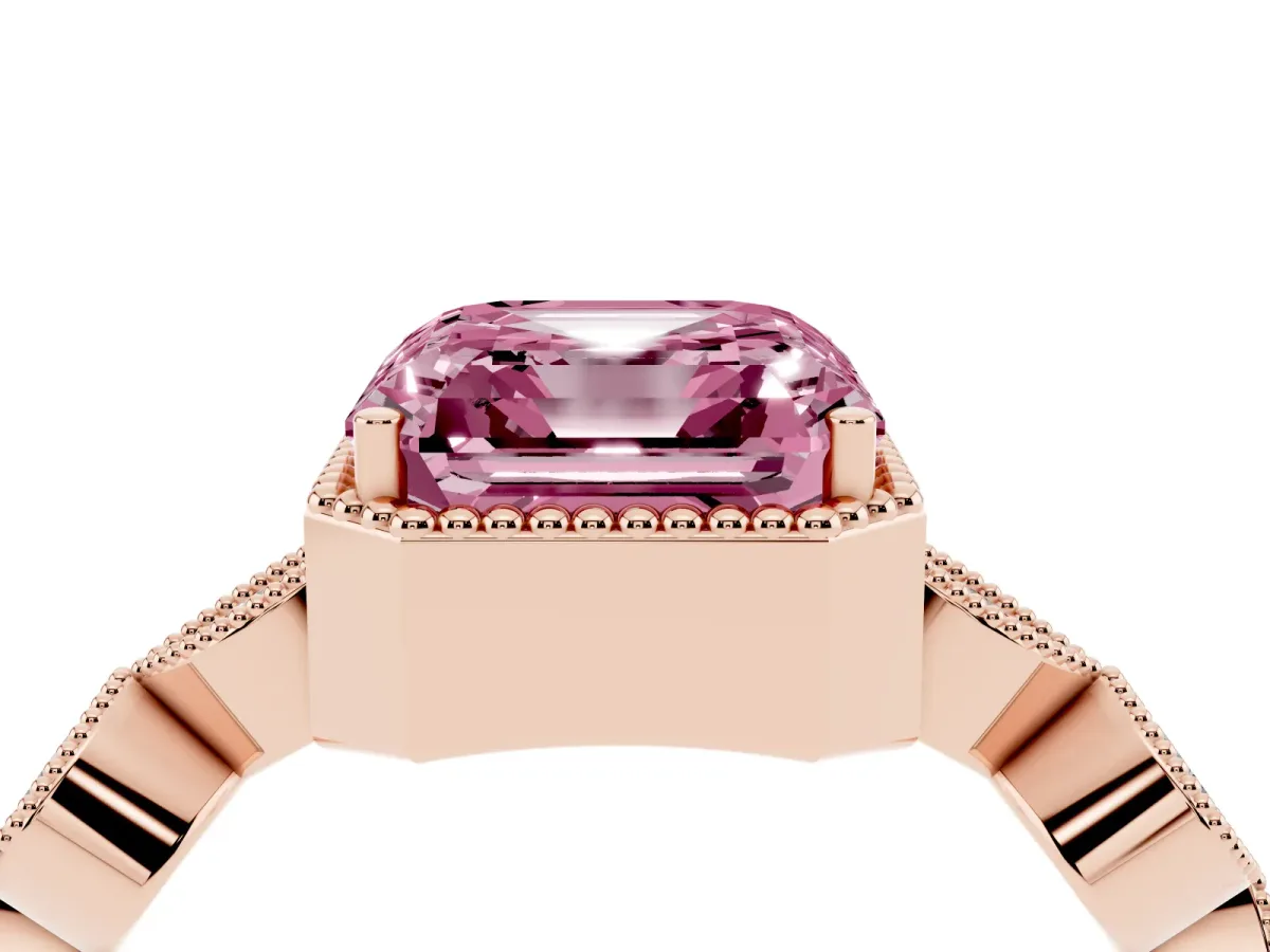 Fancy Pink Asscher Cut Diamond Vintage Milgrain Ring with Round Stations Rose gold
