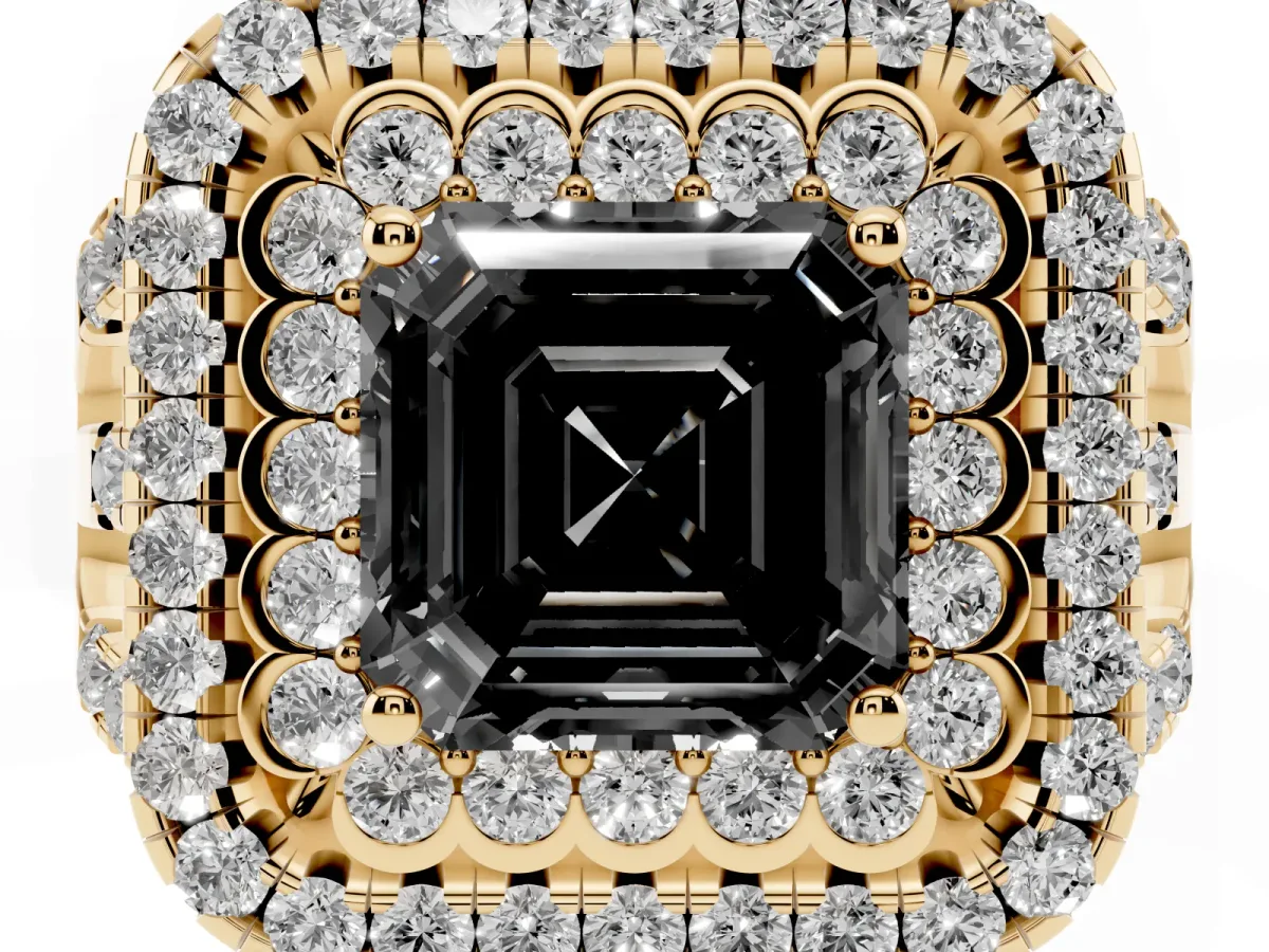 Fancy Black Asscher Cut Diamond Double Halo Ring with Round Pavé Split Shank and Prong Setting Yellow gold