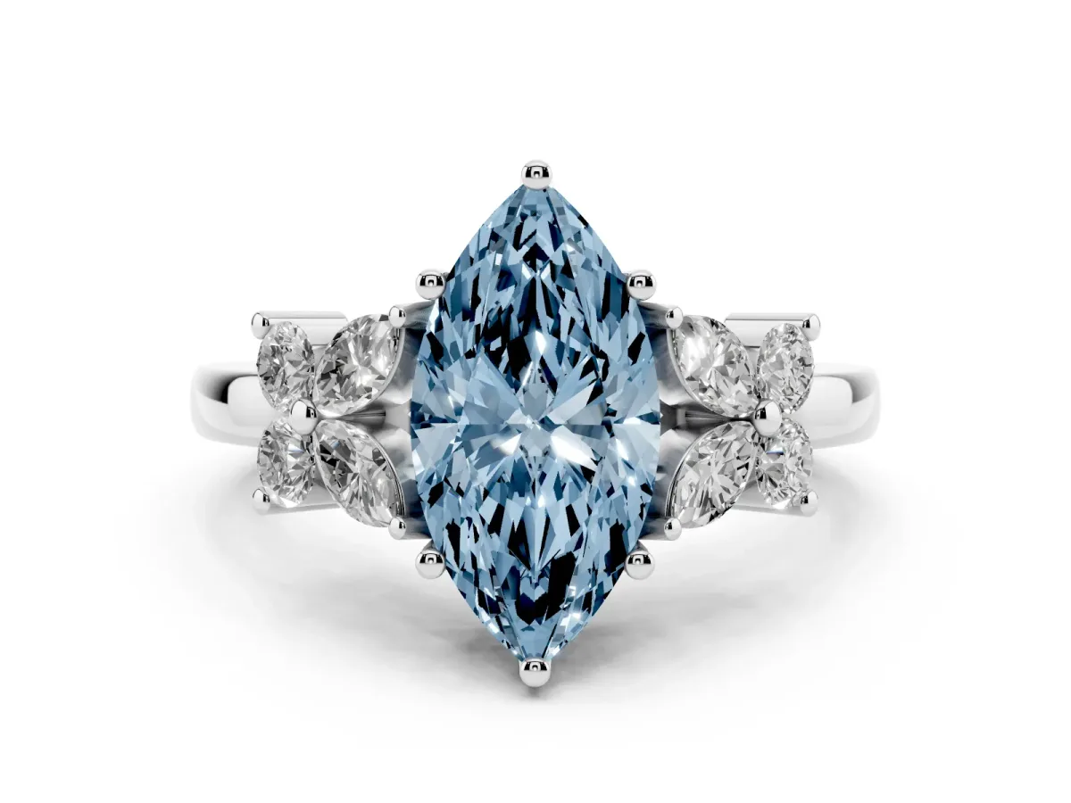 Fancy Blue Marquise Cut Diamond Floral Cluster Ring with Solitaire Band and Prong Setting Silver