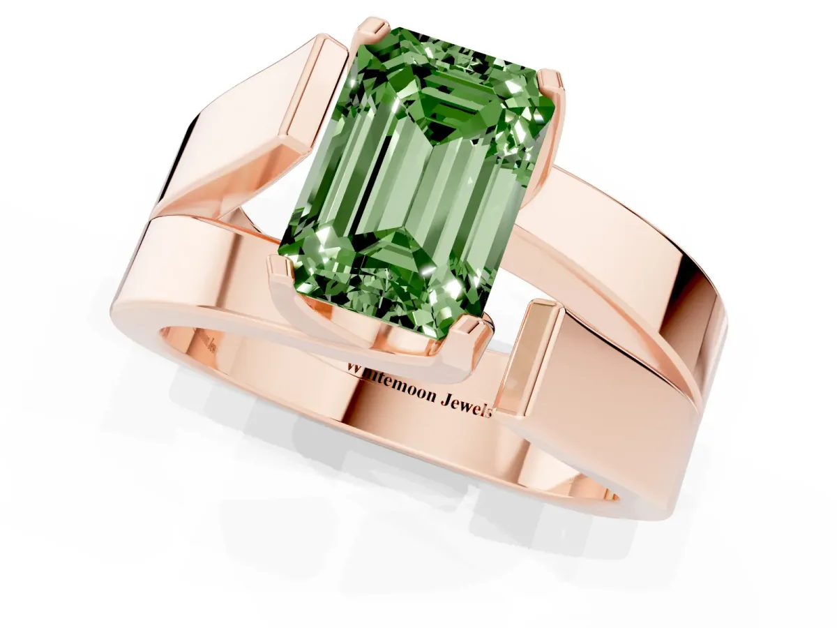 Fancy Green Modern Tension Set Emerald Cut Diamond Solitaire Wide Band Ring Rose gold