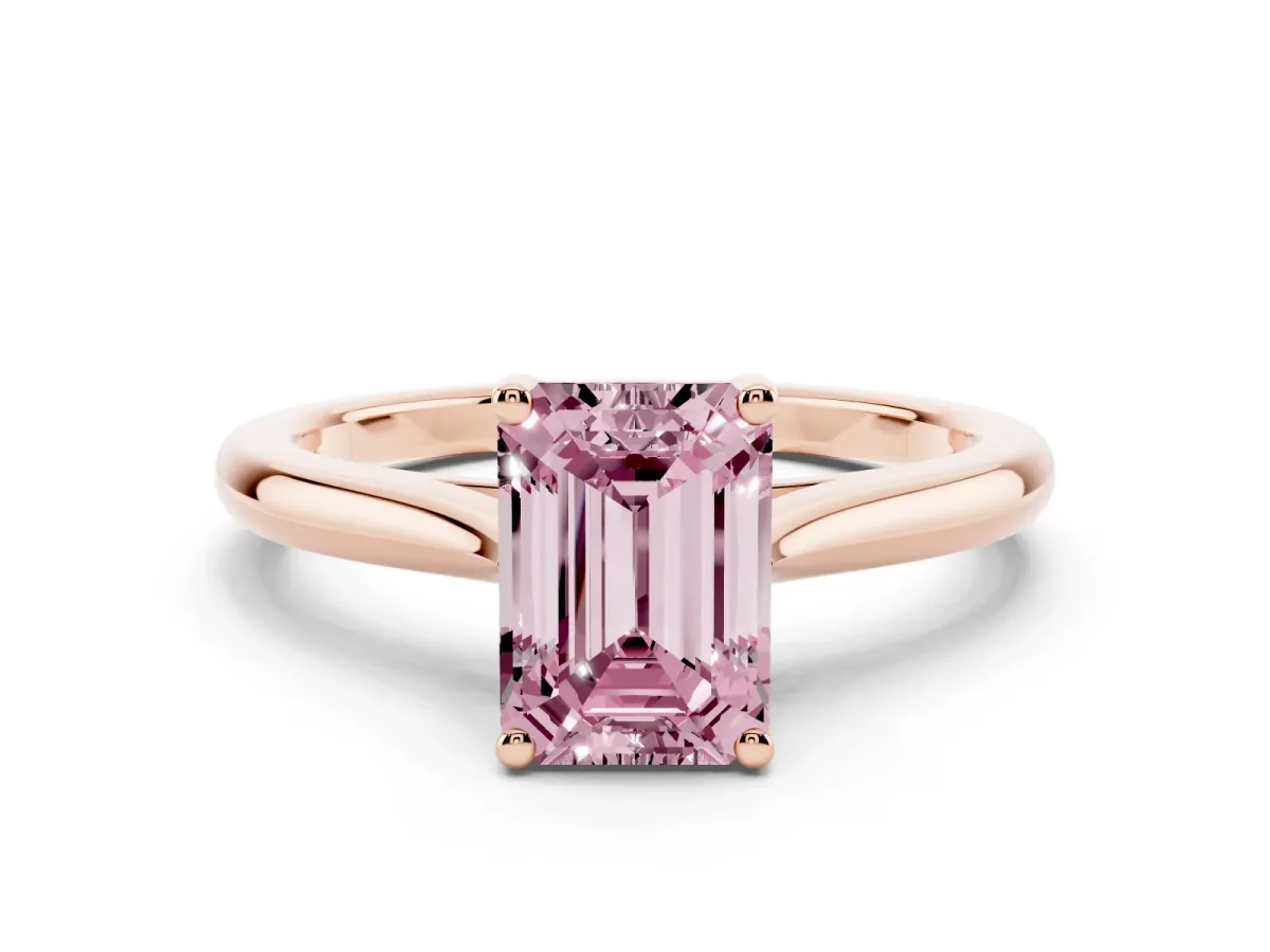 Fancy Pink Emerald Cut Cut Solitaire Ring with Cathedral Band and Four-Prong Setting Rose gold