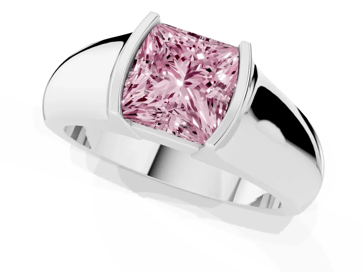 Fancy Pink Princess Cut Solitaire Bezel Set Diamond Ring with Wide Band Silver