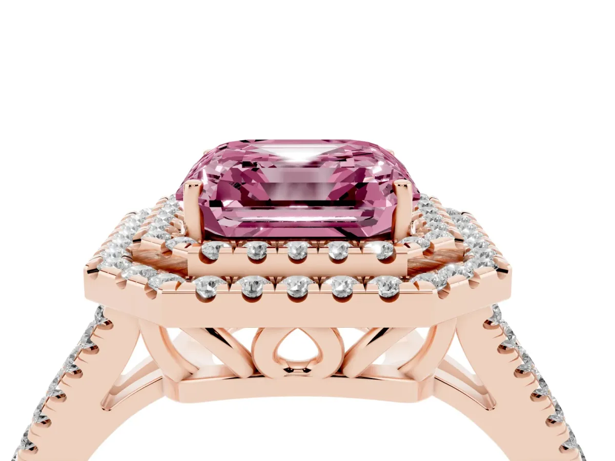 Fancy Pink Asscher Cut Diamond Double Halo Ring with Pavé Band and Prong Setting Rose gold
