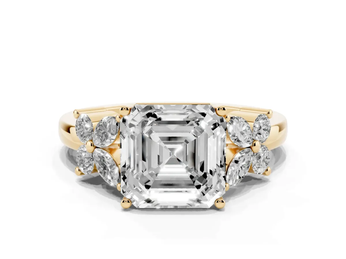 Asscher Cut Diamond Floral Cluster Ring with Solitaire Band and Prong Setting Yellow gold