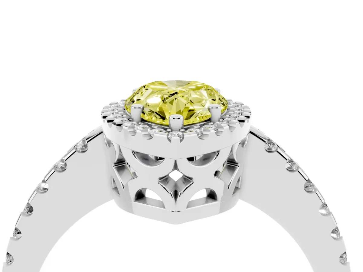 Fancy Yellow Pear Cut Diamond Halo Engagement Ring with Pavé Band and Prong Setting White gold
