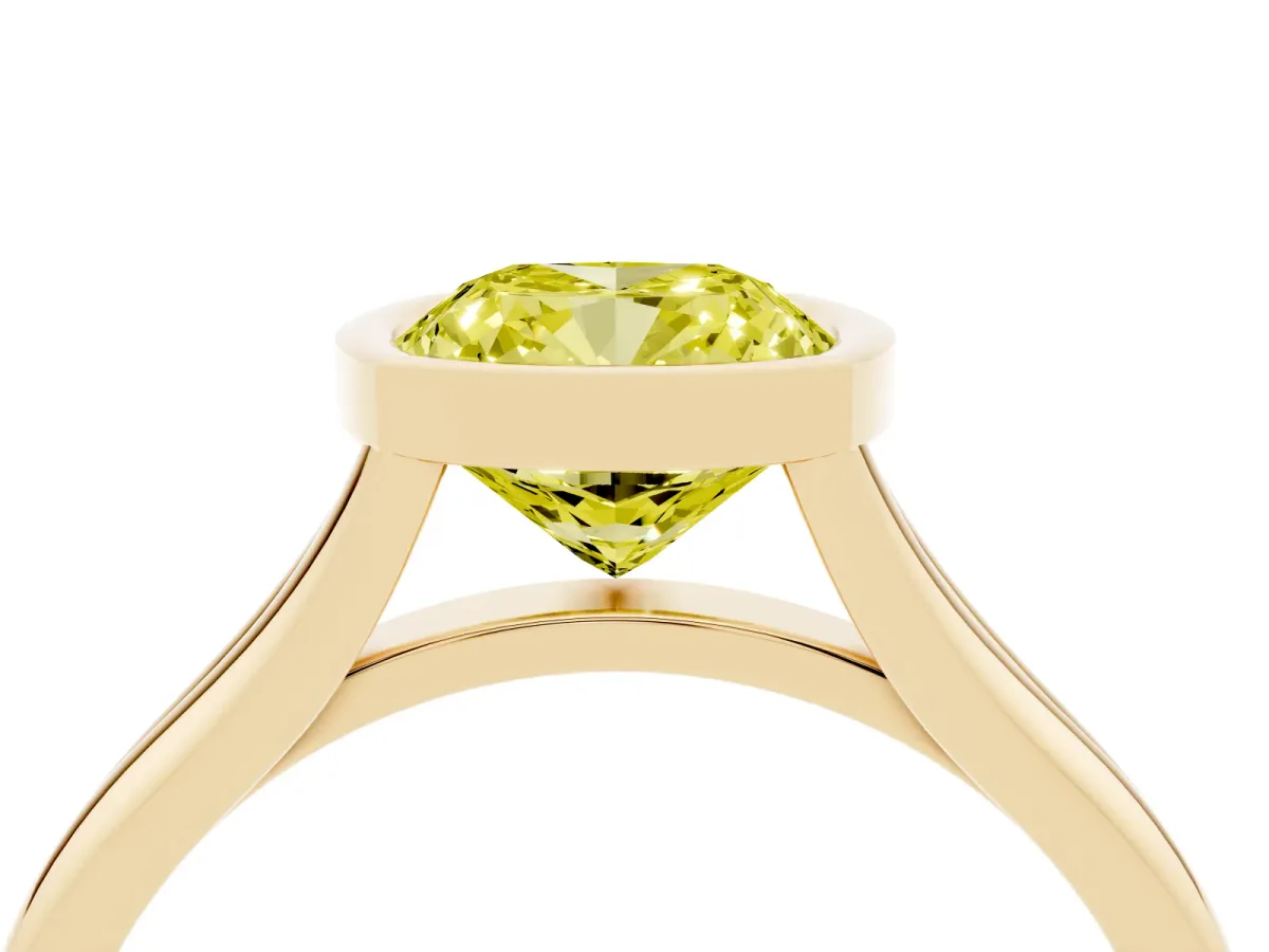 Fancy Yellow Bezel Set Cushion Cut Cut Solitaire Ring with Tapered Band Yellow gold