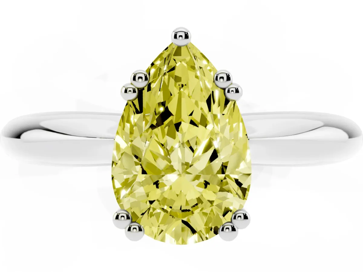 Fancy Yellow Pear Cut Cut Solitaire Engagement Ring with Tapered Band and Four-Prong Setting Silver