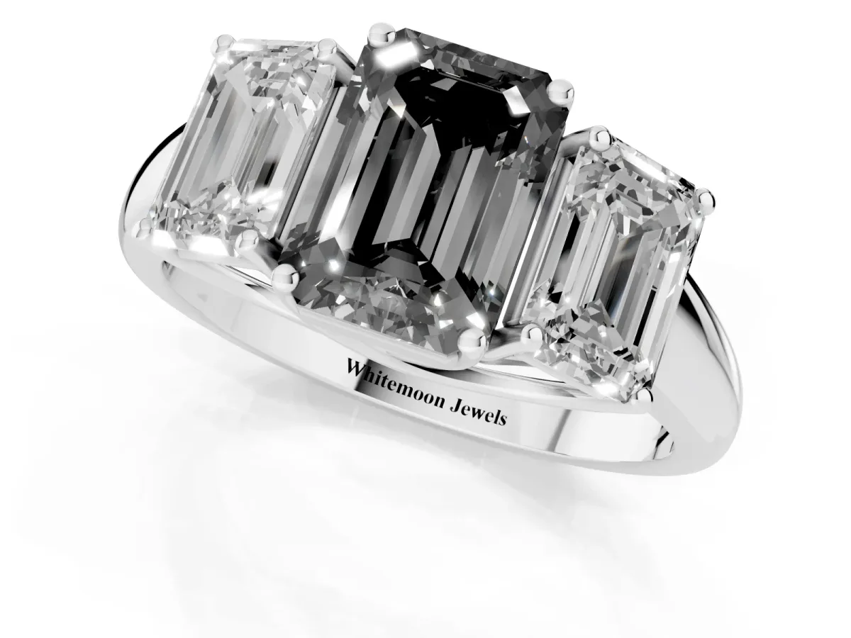 Fancy Black Three-Stone Emerald Cut Diamond Engagement Ring with Prong Setting Silver