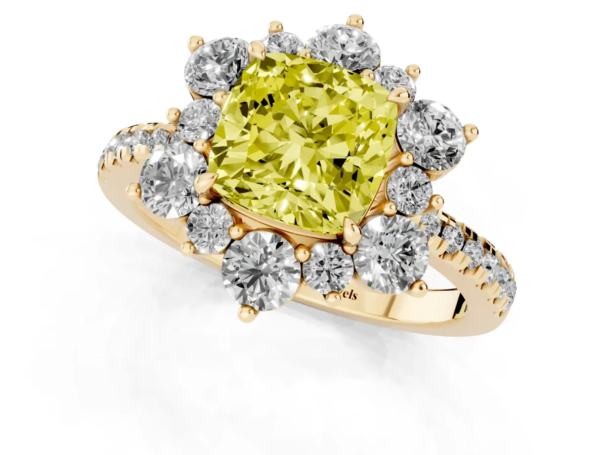 Fancy Yellow Cushion Cut Diamond Floral Halo Ring with Round Pavé Band and Prong Setting Yellow gold