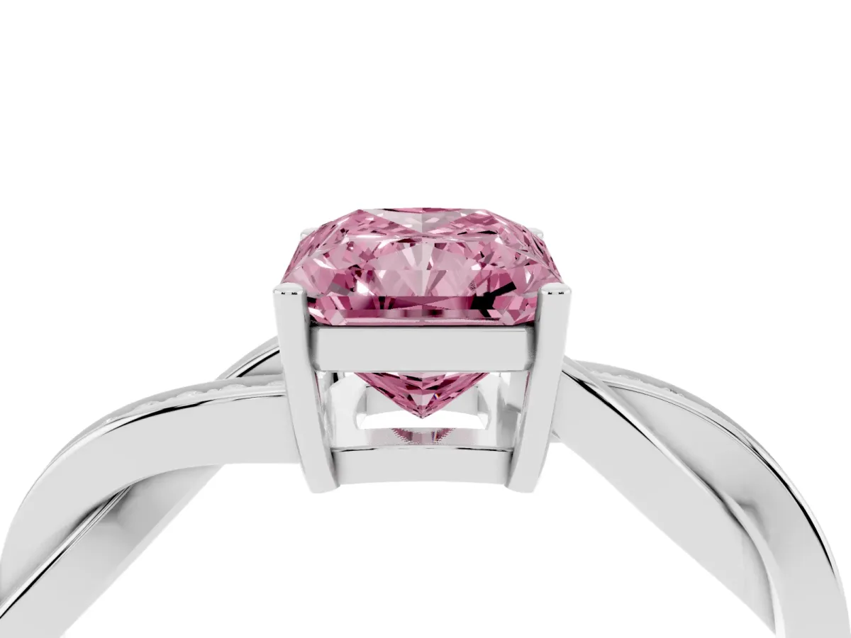 Fancy Pink Radiant Cut Solitaire Twisted Pave Diamond Ring with Four-Prong Setting Silver