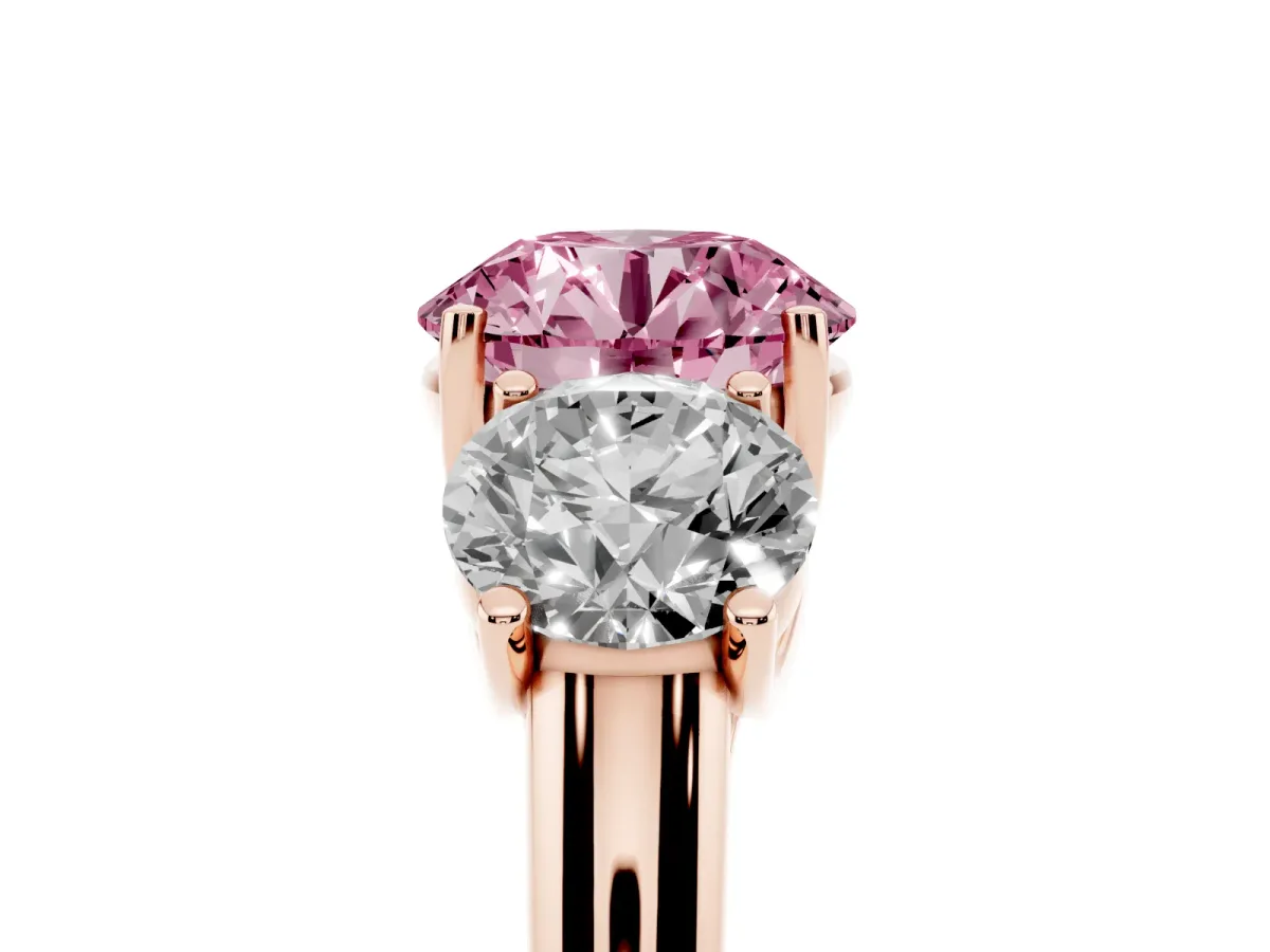 Fancy Pink Three-Stone Round Cut Diamond Engagement Ring with Prong Setting Rose gold