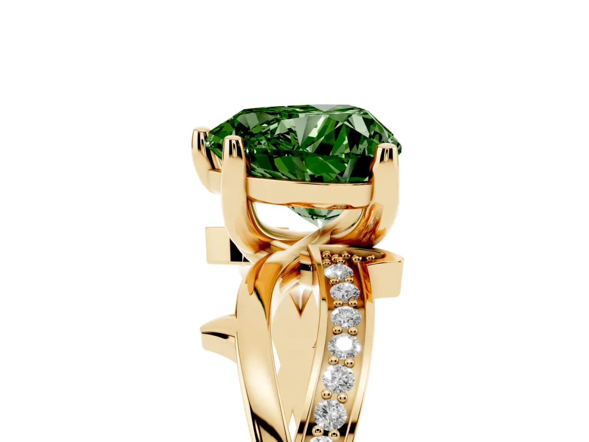 Fancy Green Heart Cut Solitaire Twist Band with Pavé Accents and Four-Prong Setting Yellow gold