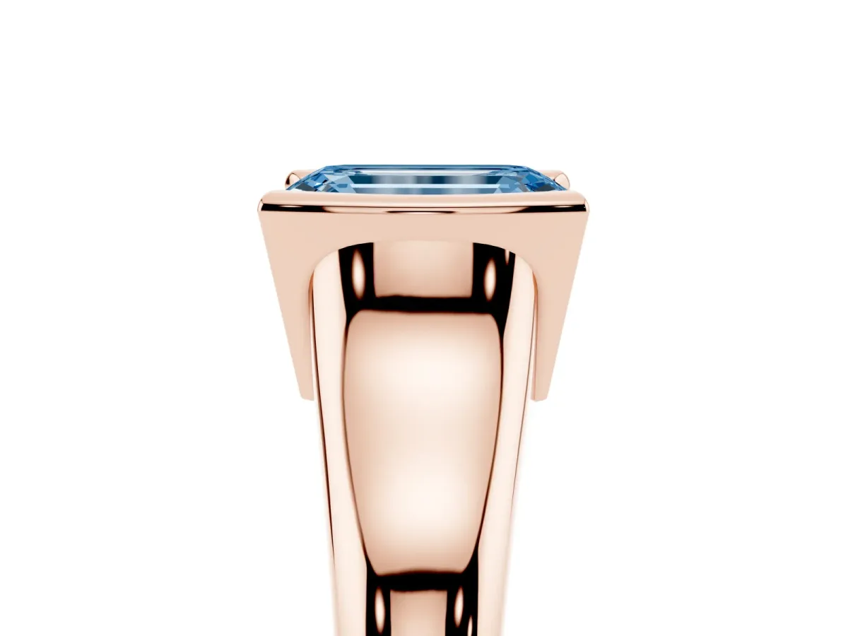 Fancy Blue Emerald Cut Solitaire Tension Set Diamond Ring with Split Shank Band Rose gold