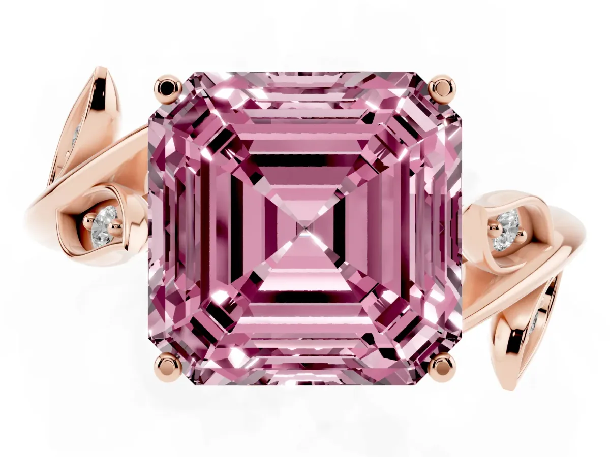 Fancy Pink Asscher Cut Solitaire Twist Engagement Ring with Leaf Accents and Prong Setting Rose gold