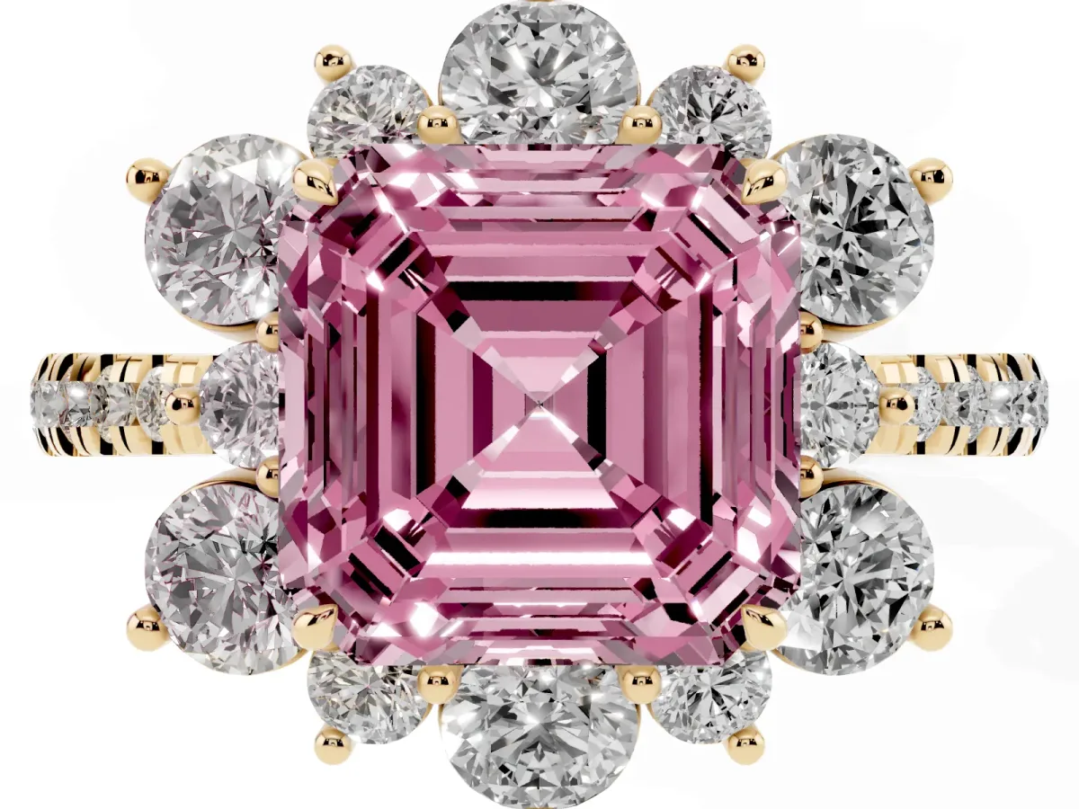 Fancy Pink Asscher Cut Diamond Floral Halo Ring with Round Pavé Band and Prong Setting Yellow gold