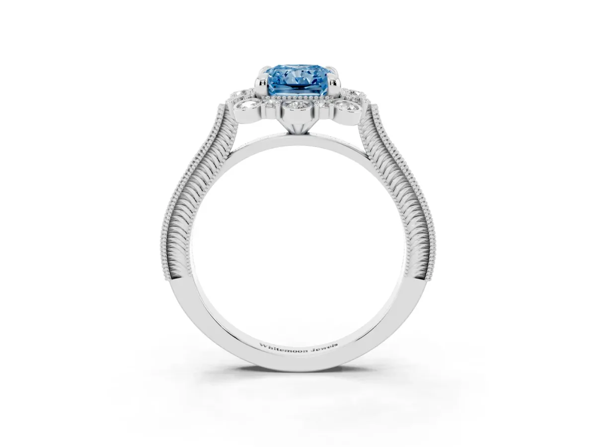 Fancy Blue Radiant Cut Halo Milgrain Pave Diamond Ring with Four-Prong Setting Silver