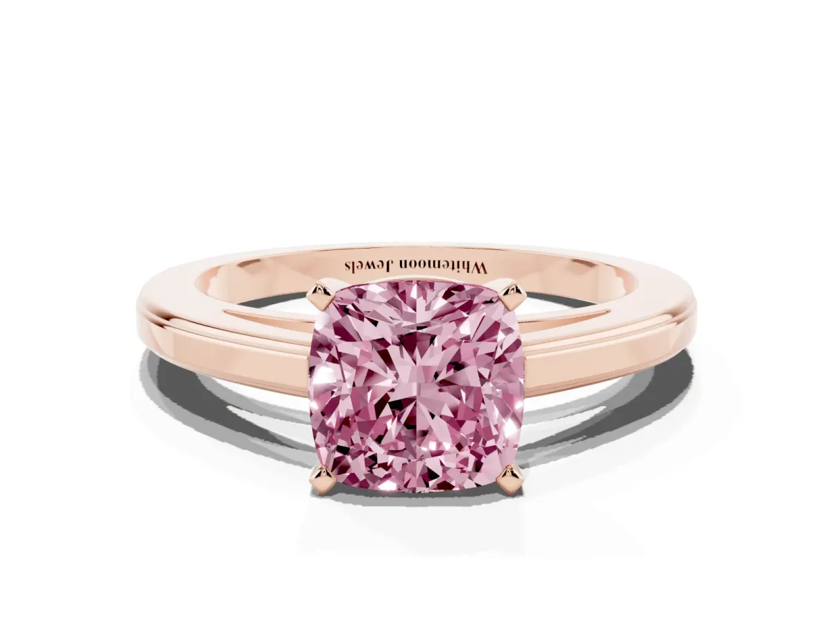 Fancy Pink Cushion Cut Solitaire Diamond Ring with Four-Prong Setting and Classic Band Rose gold
