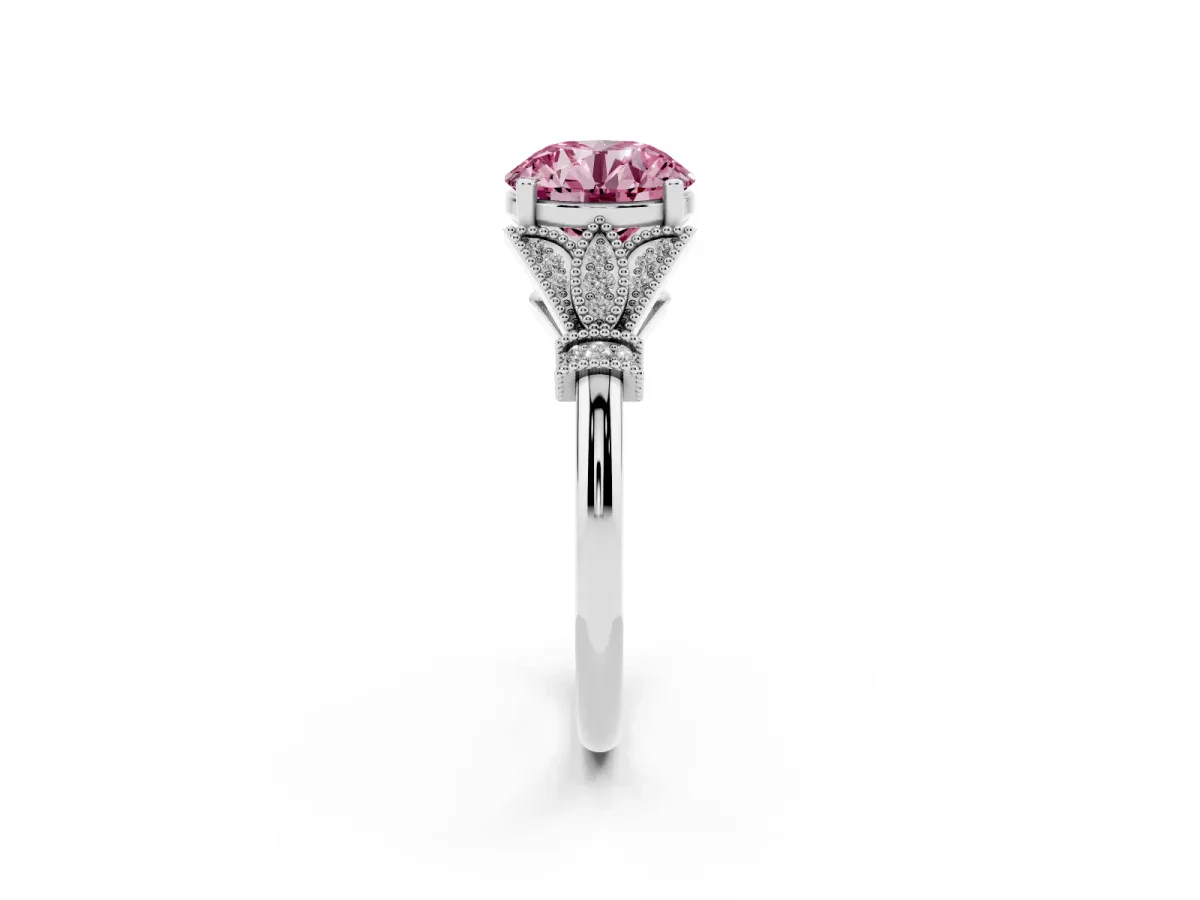 Fancy Pink Round Cut Diamond Solitaire Ring with Floral Filigree and Pave Accents White gold