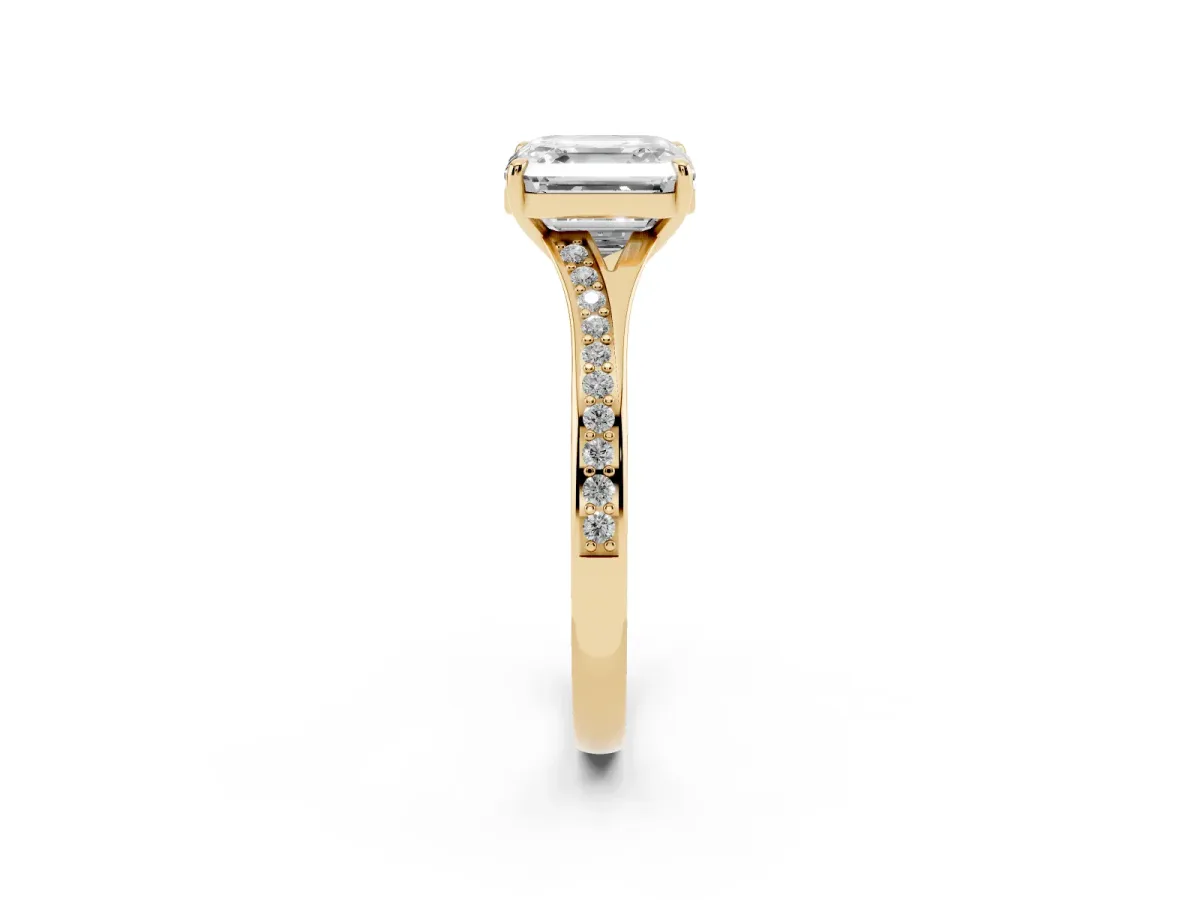Asscher Cut Diamond Solitaire Ring with Pavé Band and Prong Setting Yellow gold
