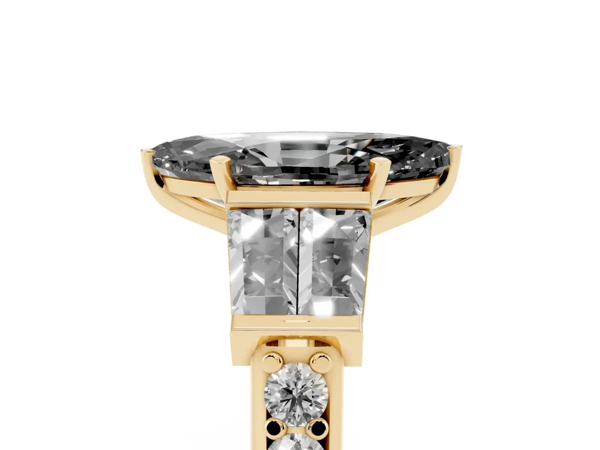 Fancy Black Marquise Cut Diamond Engagement Ring with Baguette Side Stones and Channel Set Band Yellow gold