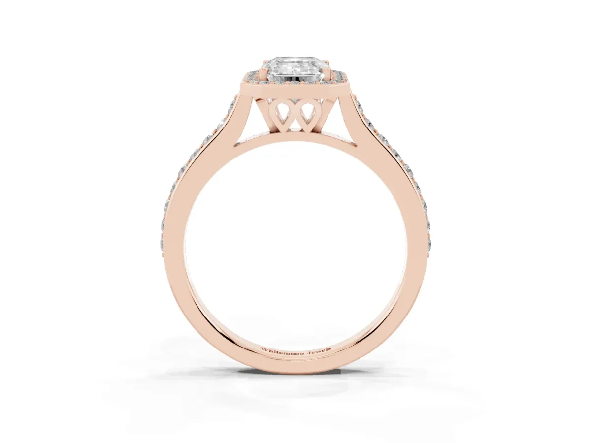Emerald Cut Diamond Halo Engagement Ring with Round Pavé Shoulders and Prong Setting Rose gold