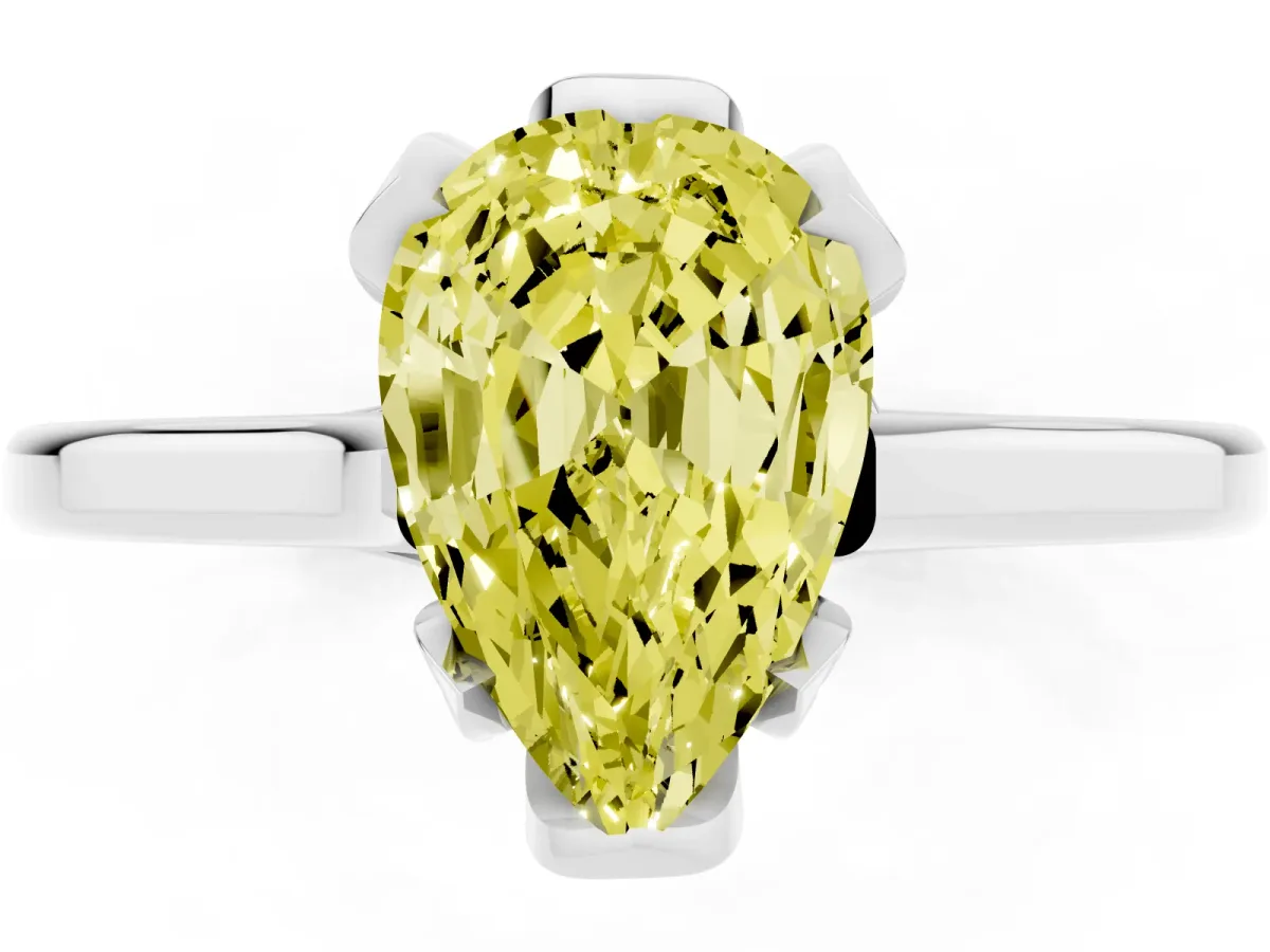 Fancy Yellow Pear Cut Diamond Solitaire Ring with Flower Prong Setting and Classic Band Silver