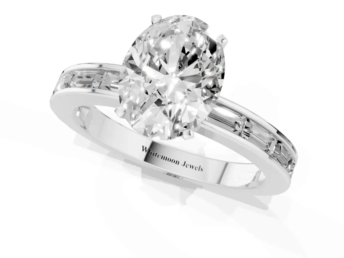 Oval Cut Solitaire Diamond Ring with Channel-Set Baguette Band and Four-Prong Setting White gold