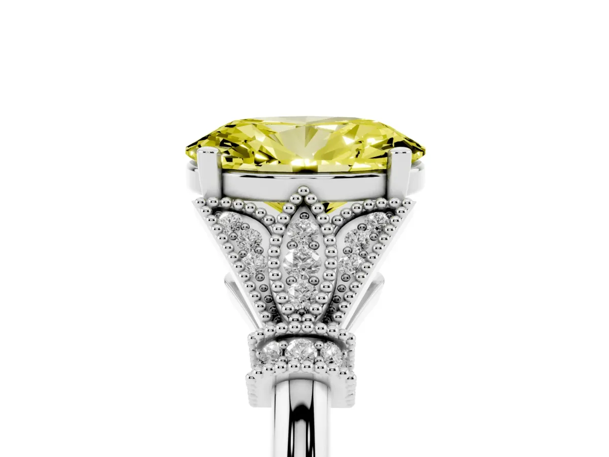 Fancy Yellow Oval Cut Diamond Solitaire Ring with Floral Filigree and Pave Accents White gold