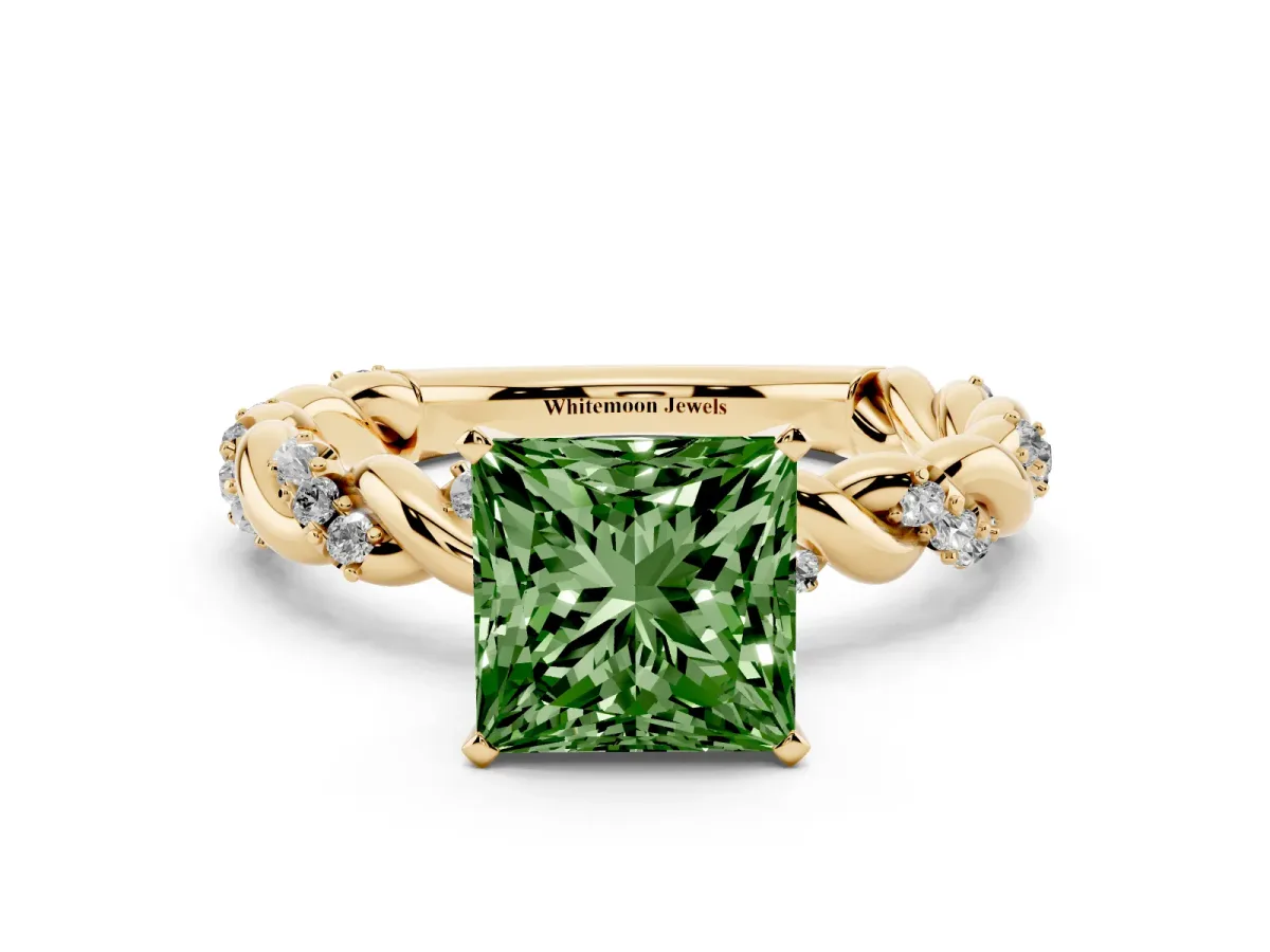 Fancy Green Princess Cut Diamond Solitaire Ring with Twisted Band and Pavé Accents Yellow gold