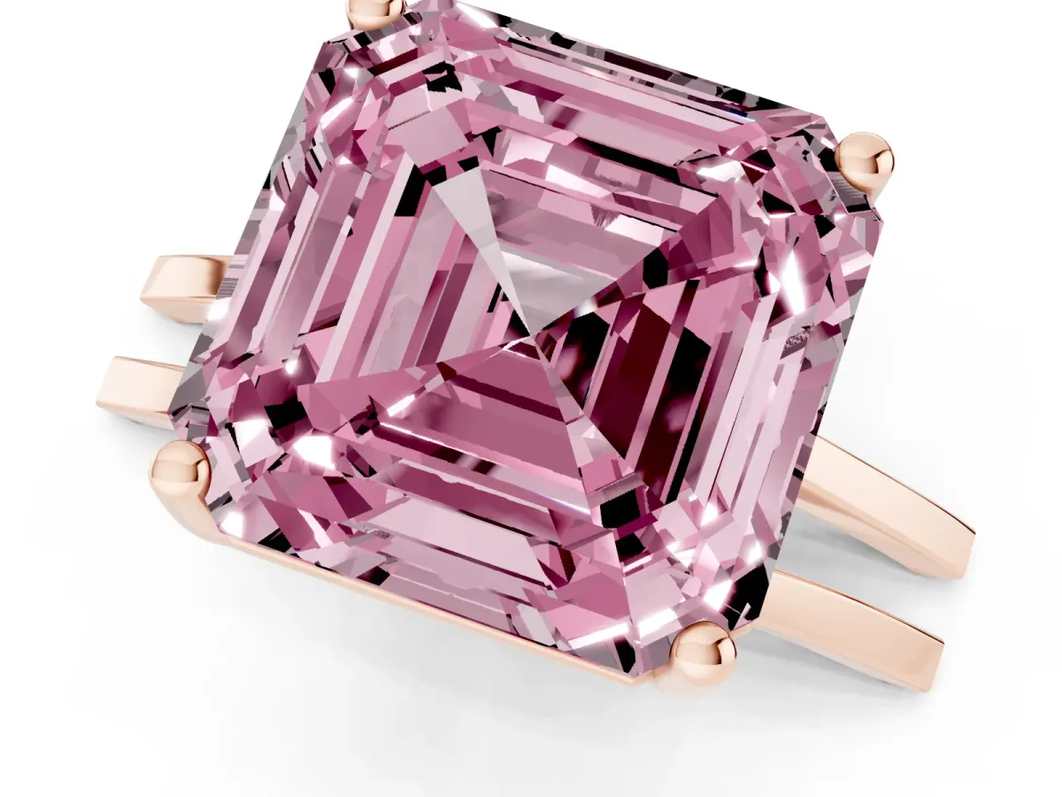 Fancy Pink Asscher Cut Cut Diamond Solitaire Engagement Ring with Tapered Plain Band and Four-Prong Setting Rose gold