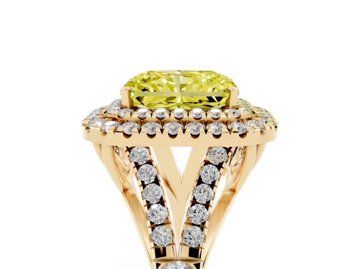 Fancy Yellow Radiant Cut Diamond Double Halo Ring with Split Shank and Prong Setting Yellow gold