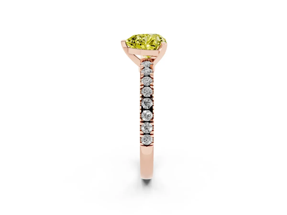 Fancy Yellow Heart Cut Solitaire Diamond with Pavé Band and Four-Prong Setting Rose gold