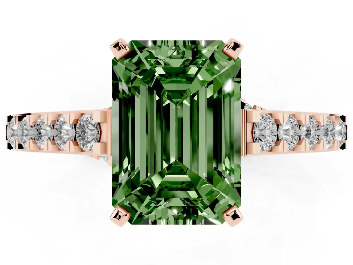 Fancy Green Emerald Cut Diamond Solitaire Ring with Crossover Gallery and Round Pavé Band Rose gold