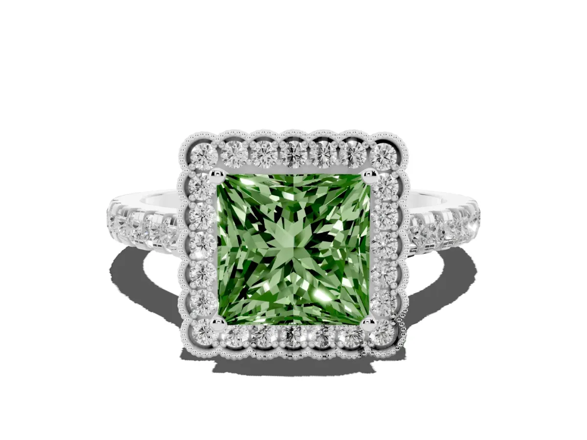 Fancy Green Princess Cut Cut Diamond Milgrain Floral Halo Engagement Ring with Pavé Band Silver