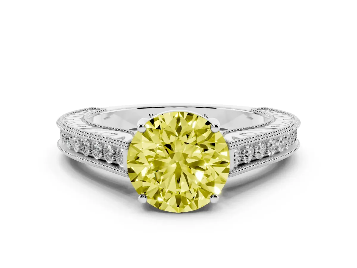 Fancy Yellow Round Cut Cut Pave Band Milgrain Solitaire Ring White gold
