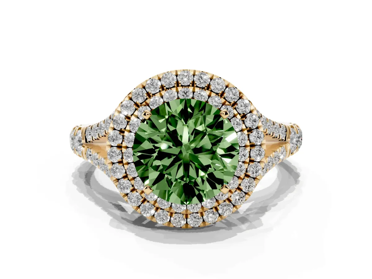 Fancy Green Round Cut Cut Double Halo Split Shank Diamond Ring with Prong Setting Yellow gold