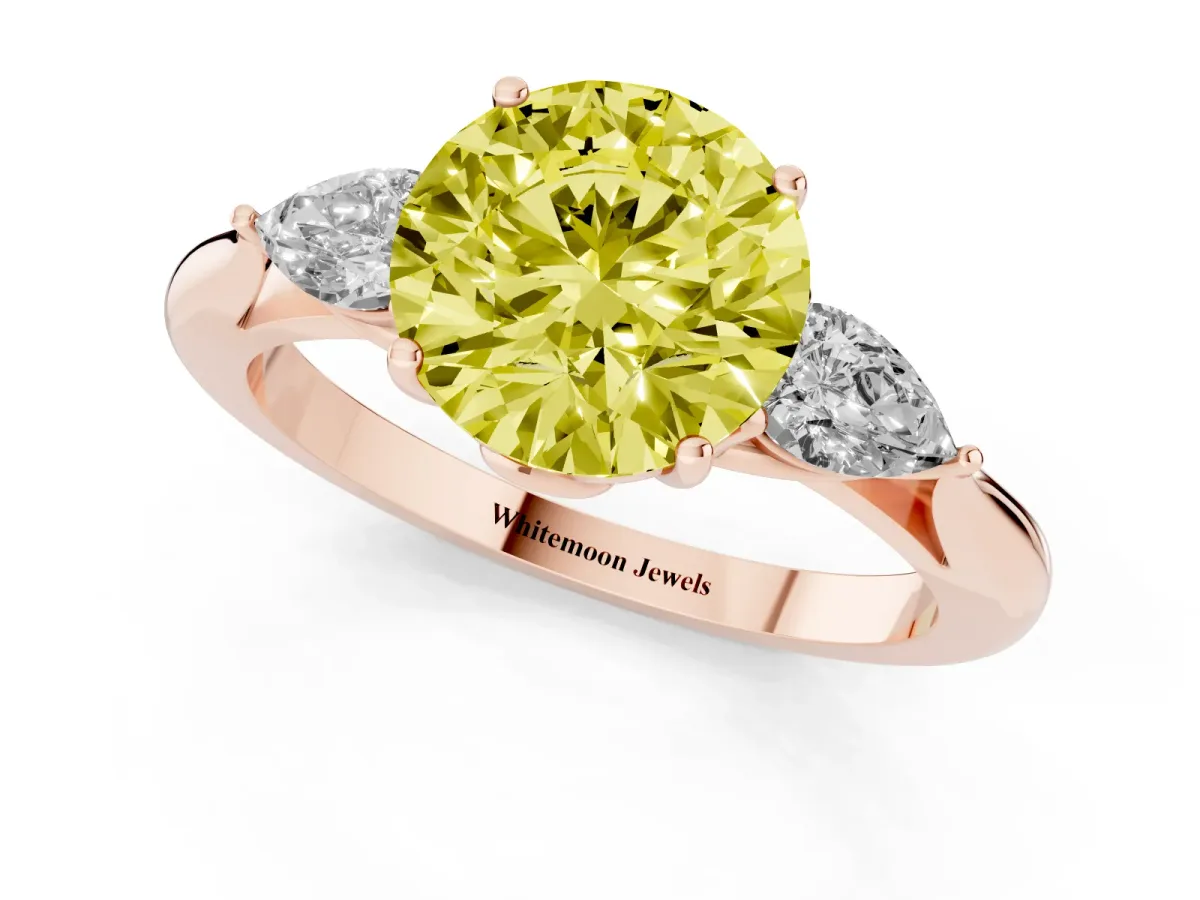 Fancy Yellow Round Cut Diamond Three-Stone Ring with Pear Side Stones and Prong Setting Rose gold