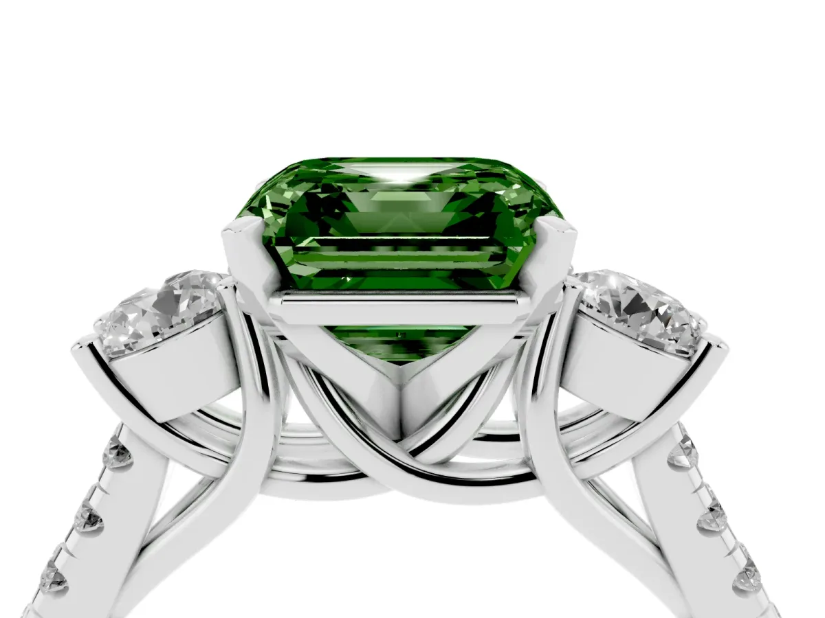 Fancy Green Three-Stone Asscher Cut Diamond Pavé Band with Four-Prong Setting Silver
